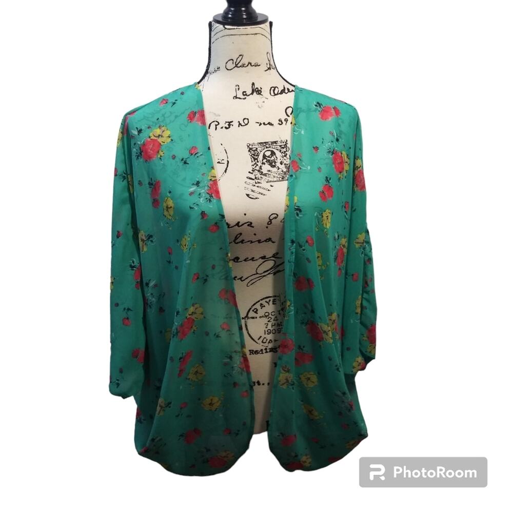 Charming Charlie Chiffon Shrug Green Floral Cardigan Size Small